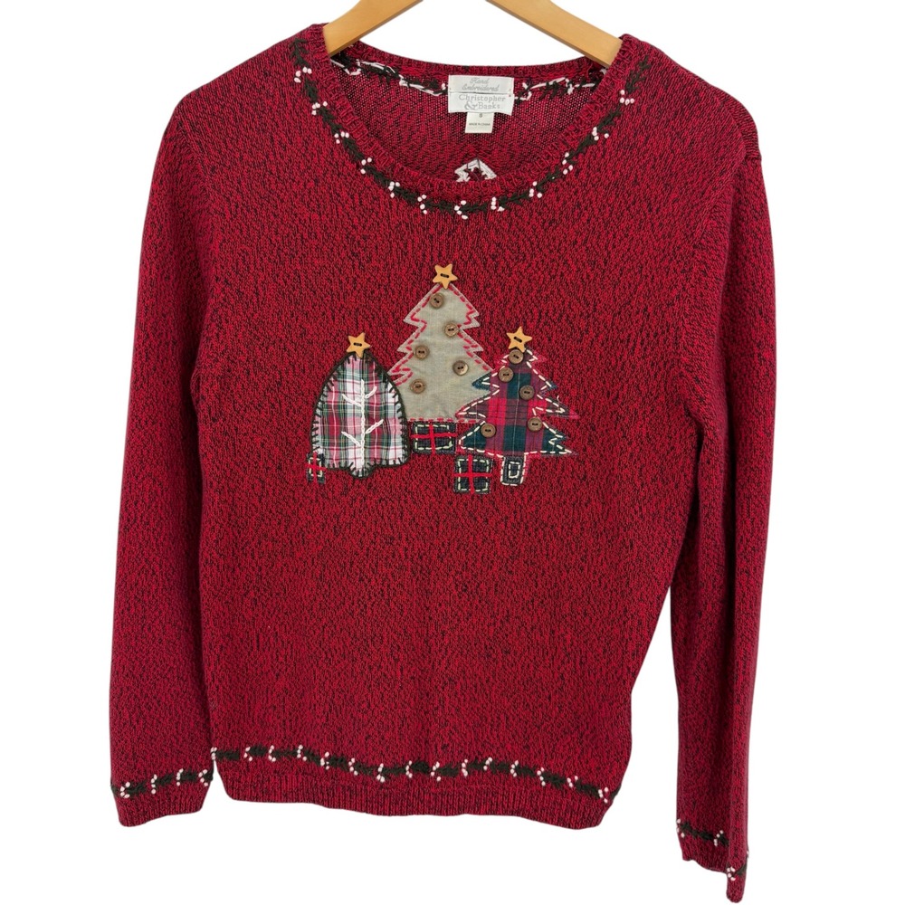 Christopher Banks Christmas Tree Sweater Womens S Red Cotton Vintage Patchwork